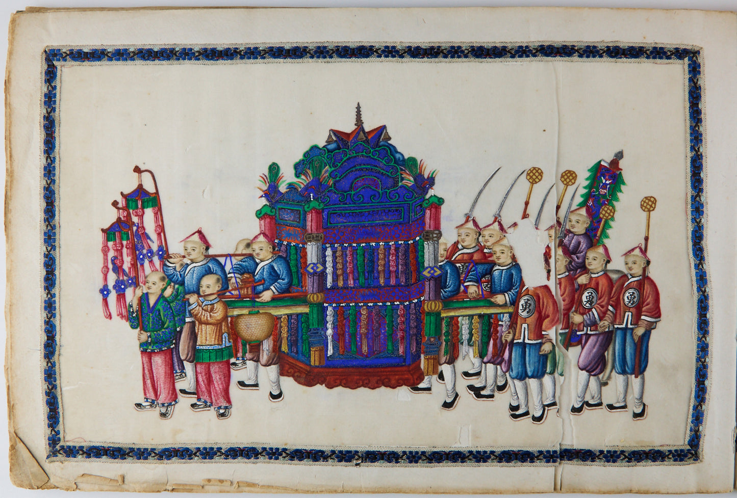 19th Century Canton Export Album with Twelve Rice Paper Paintings of Figures in Procession, Chinese School