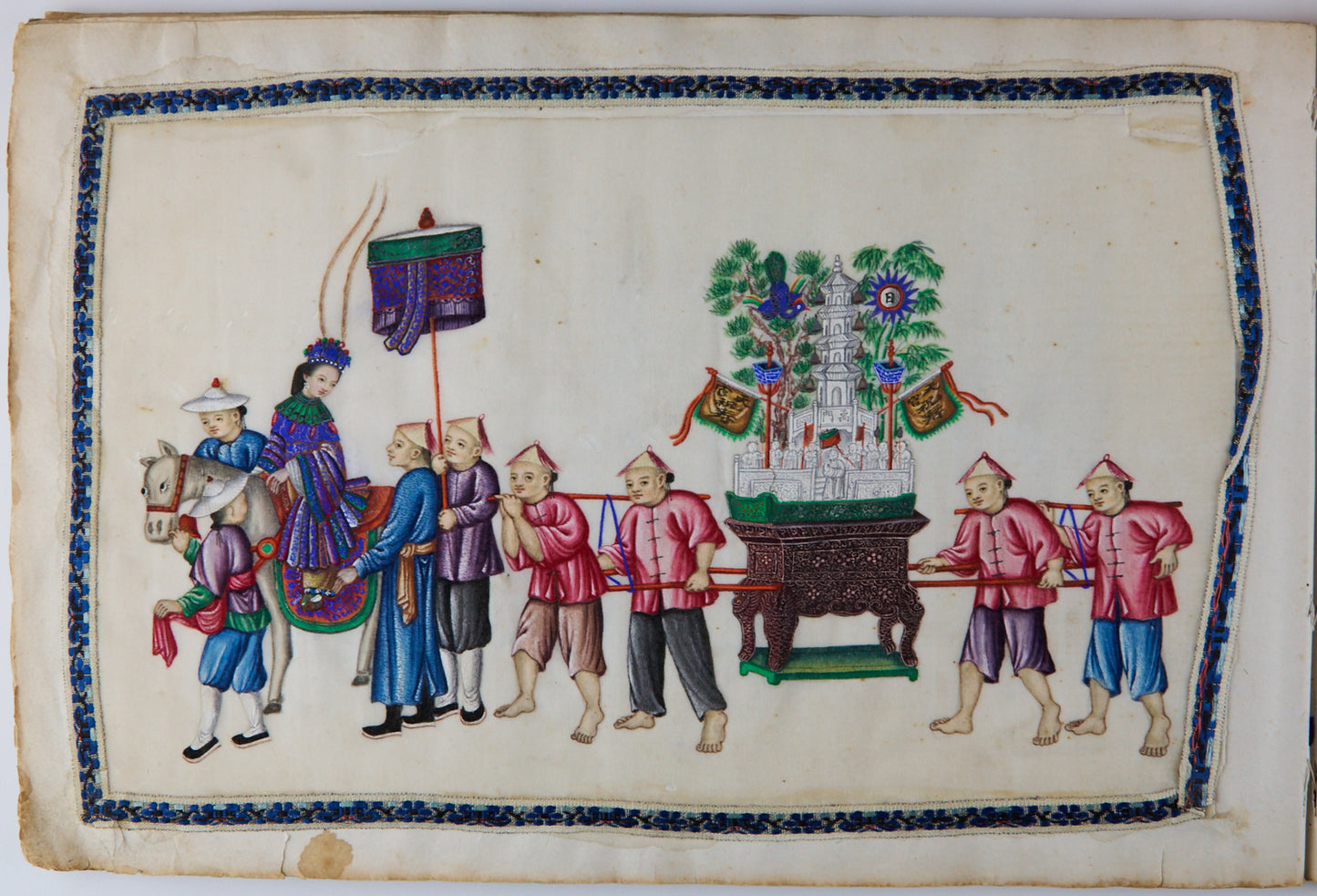 19th Century Canton Export Album with Twelve Rice Paper Paintings of Figures in Procession, Chinese School