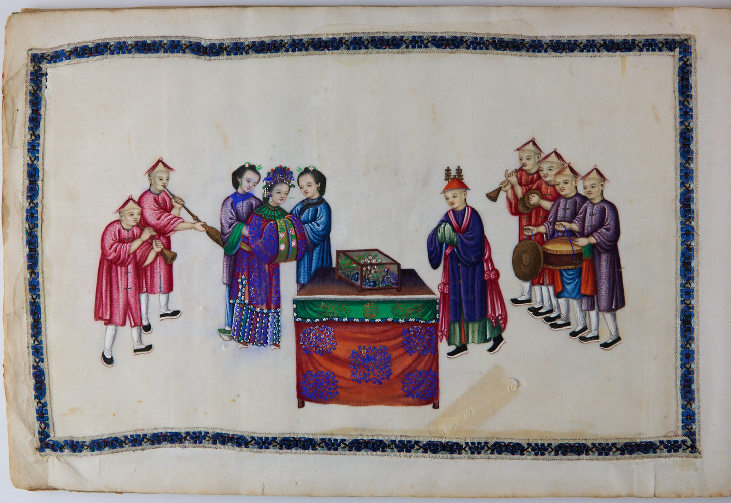 19th Century Canton Export Album with Twelve Rice Paper Paintings of Figures in Procession, Chinese School