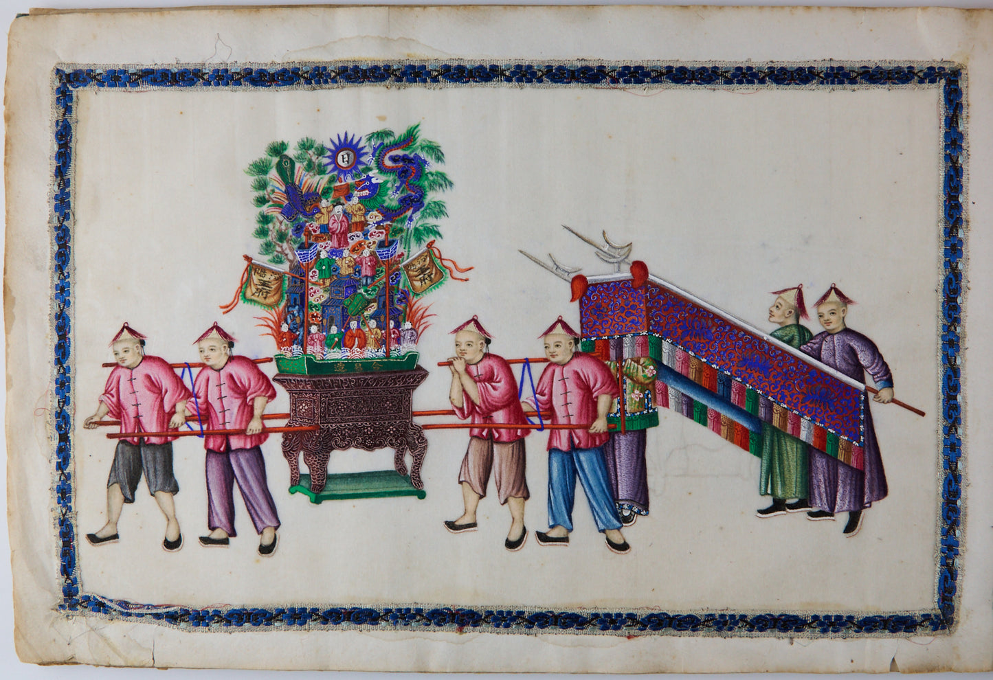 19th Century Canton Export Album with Twelve Rice Paper Paintings of Figures in Procession, Chinese School