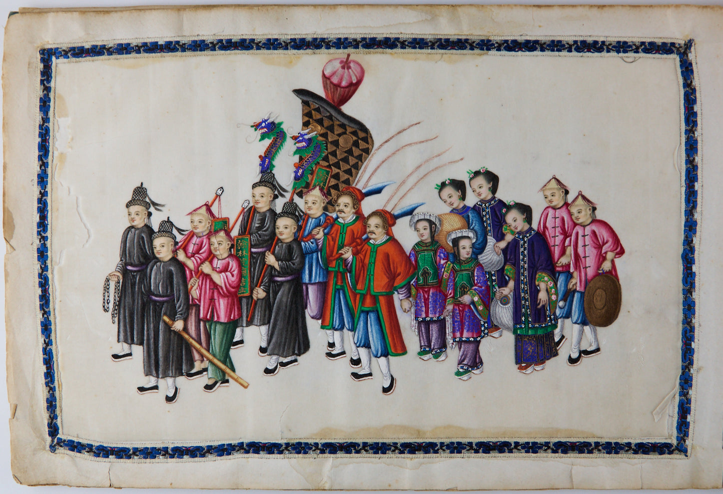 19th Century Canton Export Album with Twelve Rice Paper Paintings of Figures in Procession, Chinese School