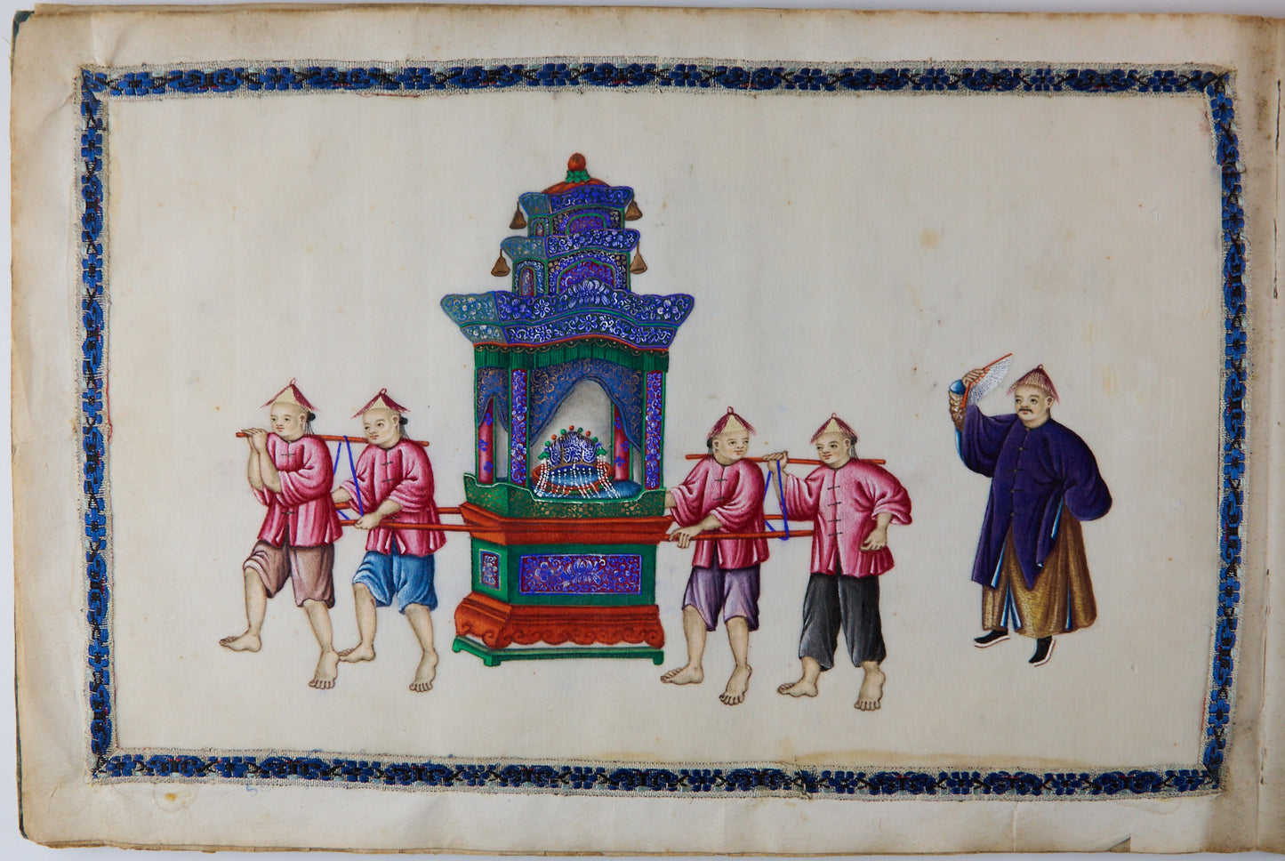 19th Century Canton Export Album with Twelve Rice Paper Paintings of Figures in Procession, Chinese School