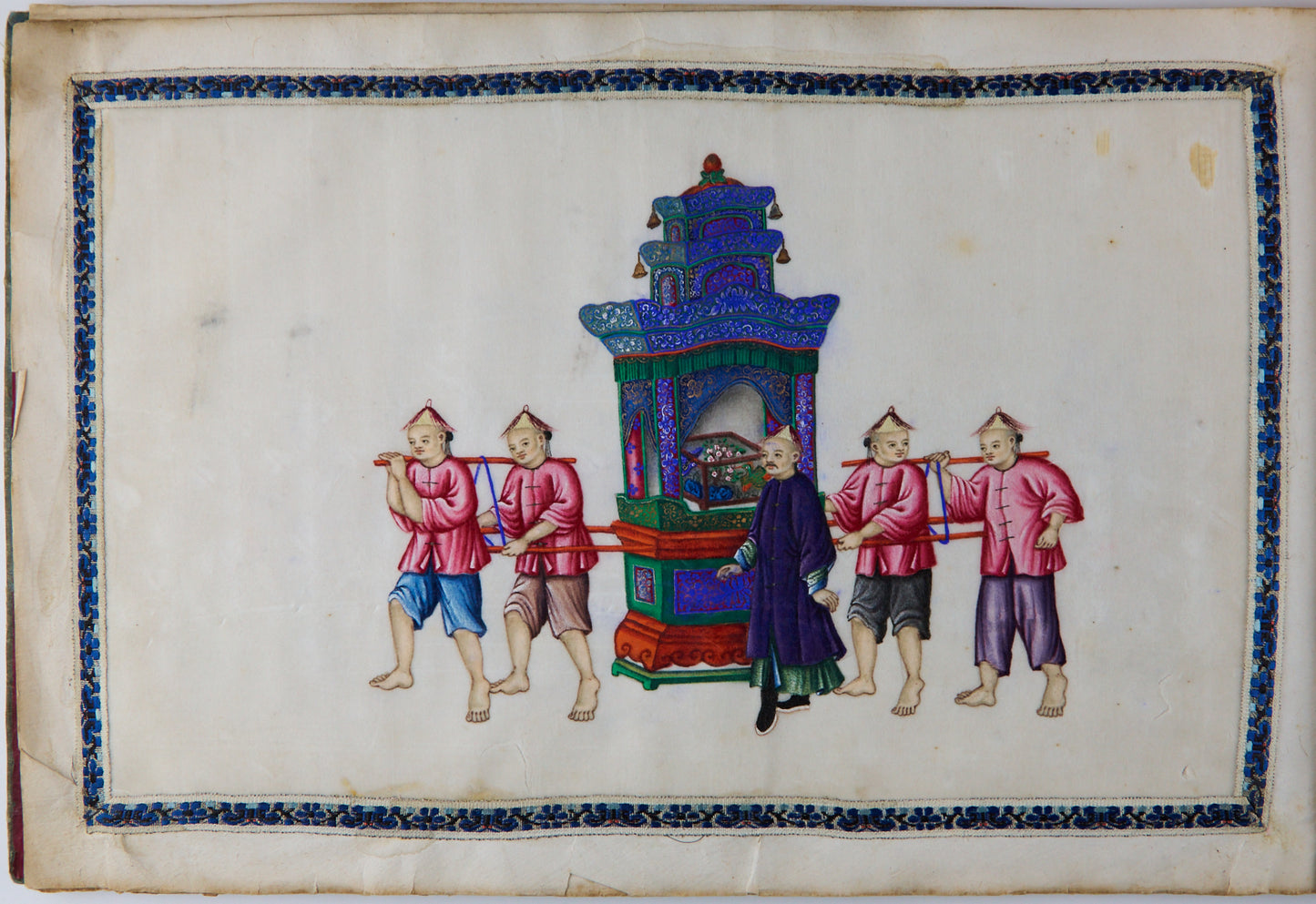 19th Century Canton Export Album with Twelve Rice Paper Paintings of Figures in Procession, Chinese School