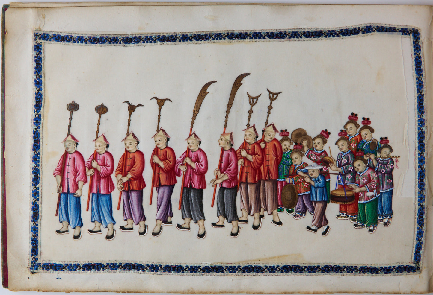 19th Century Canton Export Album with Twelve Rice Paper Paintings of Figures in Procession, Chinese School