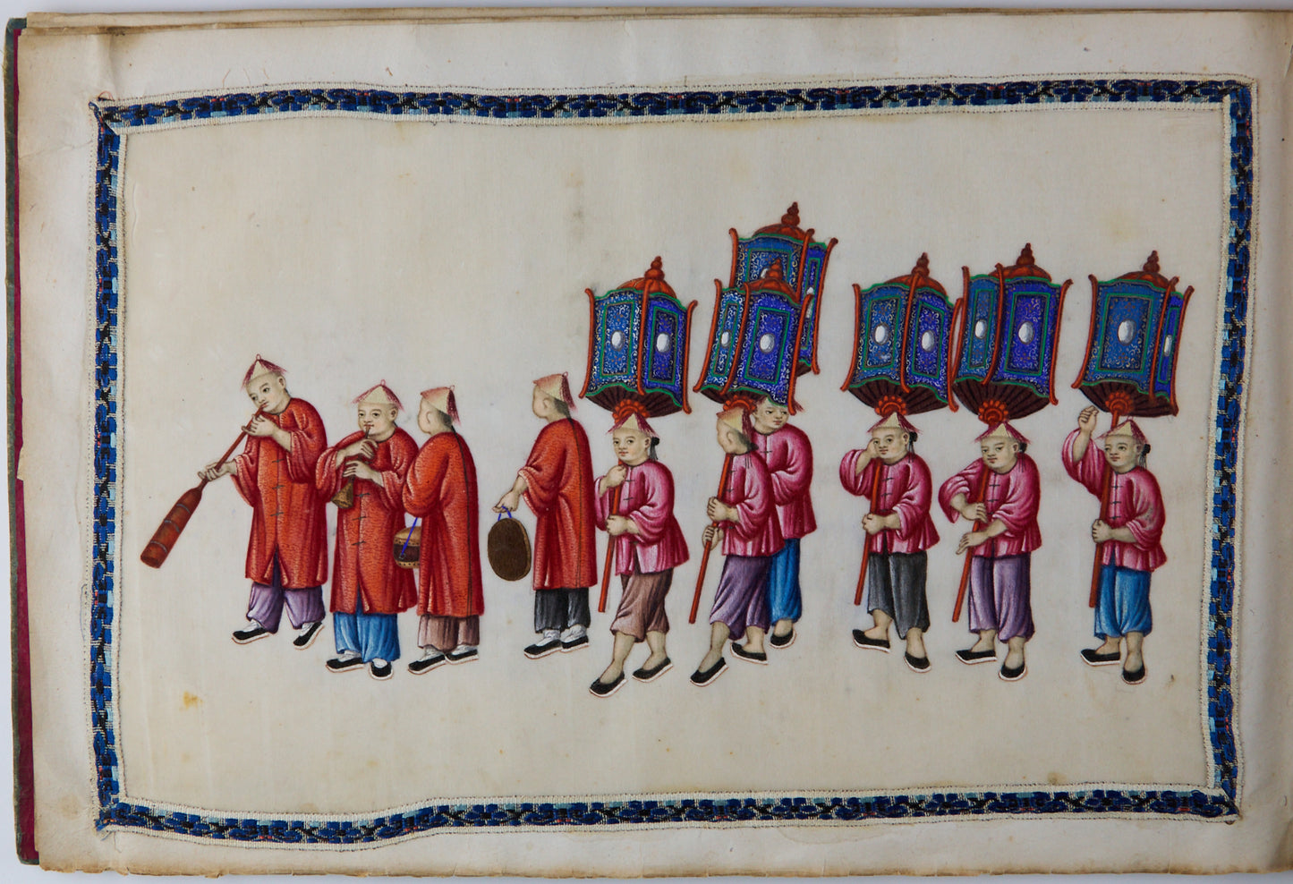 19th Century Canton Export Album with Twelve Rice Paper Paintings of Figures in Procession, Chinese School