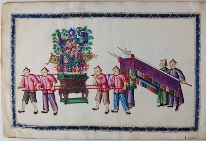 19th Century Canton Export Album with Twelve Rice Paper Paintings of Figures in Procession, Chinese School