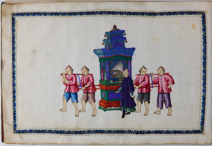 19th Century Canton Export Album with Twelve Rice Paper Paintings of Figures in Procession, Chinese School