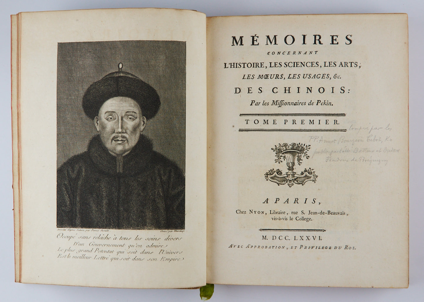 1776-1791 Memoires concernant l'histoire, les sciences, les arts, les moeurs, les usages, &c. des chinois (15 volume set)