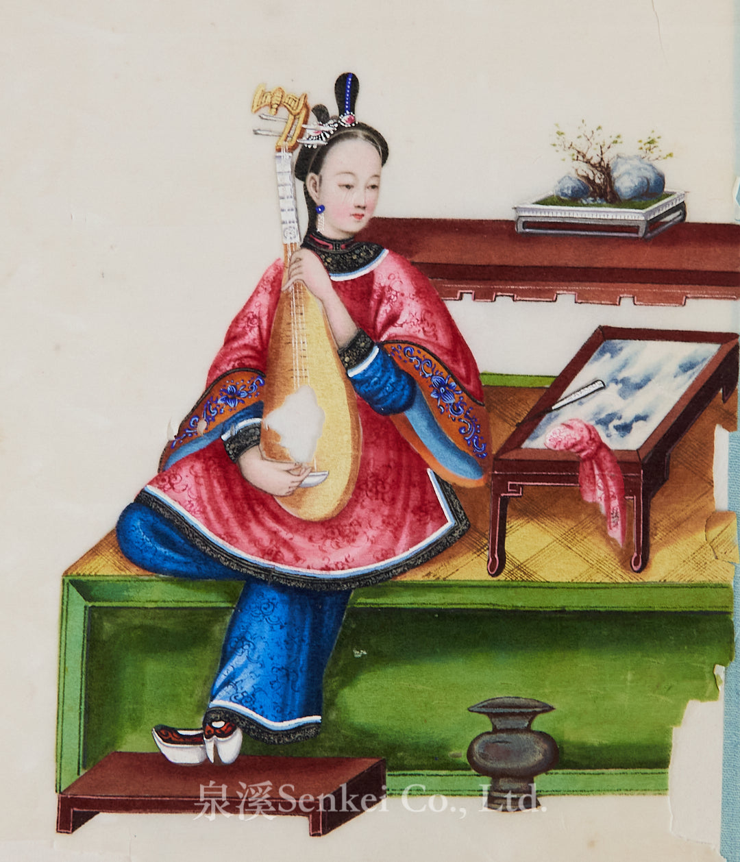 19th Century Canton Export Album – Twelve Rice Paper Paintings of Ladies Playing Musical Instruments, Chinese School
