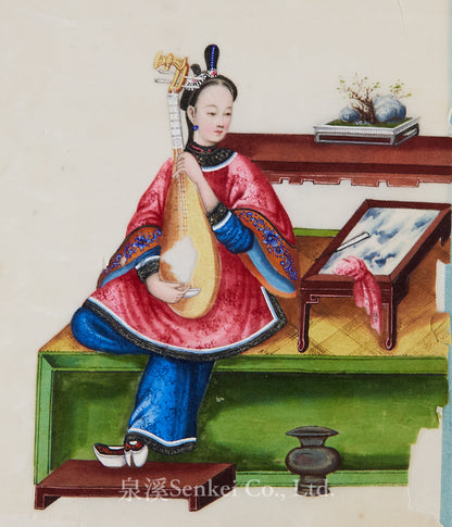 19th Century Canton Export Album – Twelve Rice Paper Paintings of Ladies Playing Musical Instruments, Chinese School