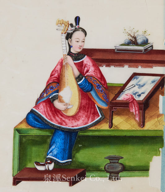 19th Century Canton Export Album – Twelve Rice Paper Paintings of Ladies Playing Musical Instruments, Chinese School