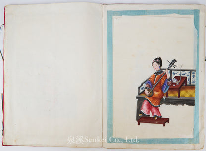 19th Century Canton Export Album – Twelve Rice Paper Paintings of Ladies Playing Musical Instruments, Chinese School