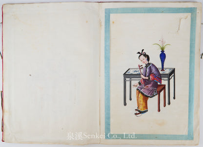 19th Century Canton Export Album – Twelve Rice Paper Paintings of Ladies Playing Musical Instruments, Chinese School