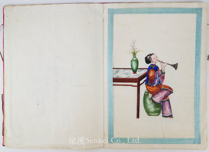 19th Century Canton Export Album – Twelve Rice Paper Paintings of Ladies Playing Musical Instruments, Chinese School