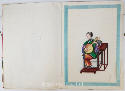 19th Century Canton Export Album – Twelve Rice Paper Paintings of Ladies Playing Musical Instruments, Chinese School