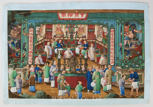 A fine 19th-century Canton rice paper painting depicting a religious scene