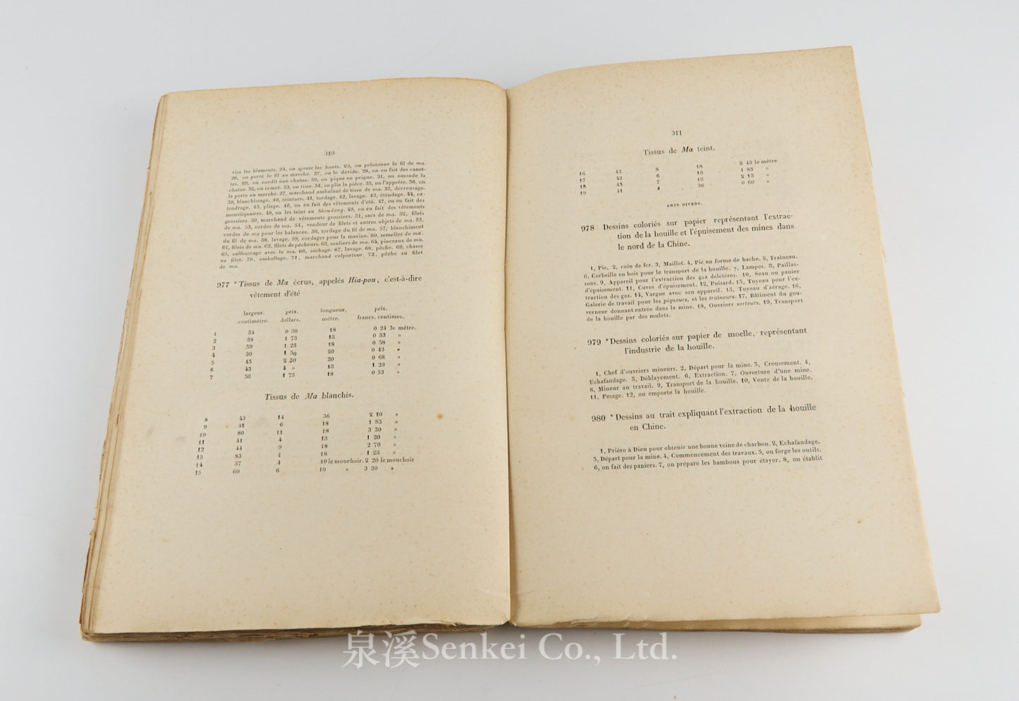 萬物解 Description Méthodique des Produits Divers recueillis dans un Voyage en Chine par Isidore Hedde de 1843 à 1846. With a large folding plan of Kou-Sou (Suzhou) and an exceptional silk plate on natural silk